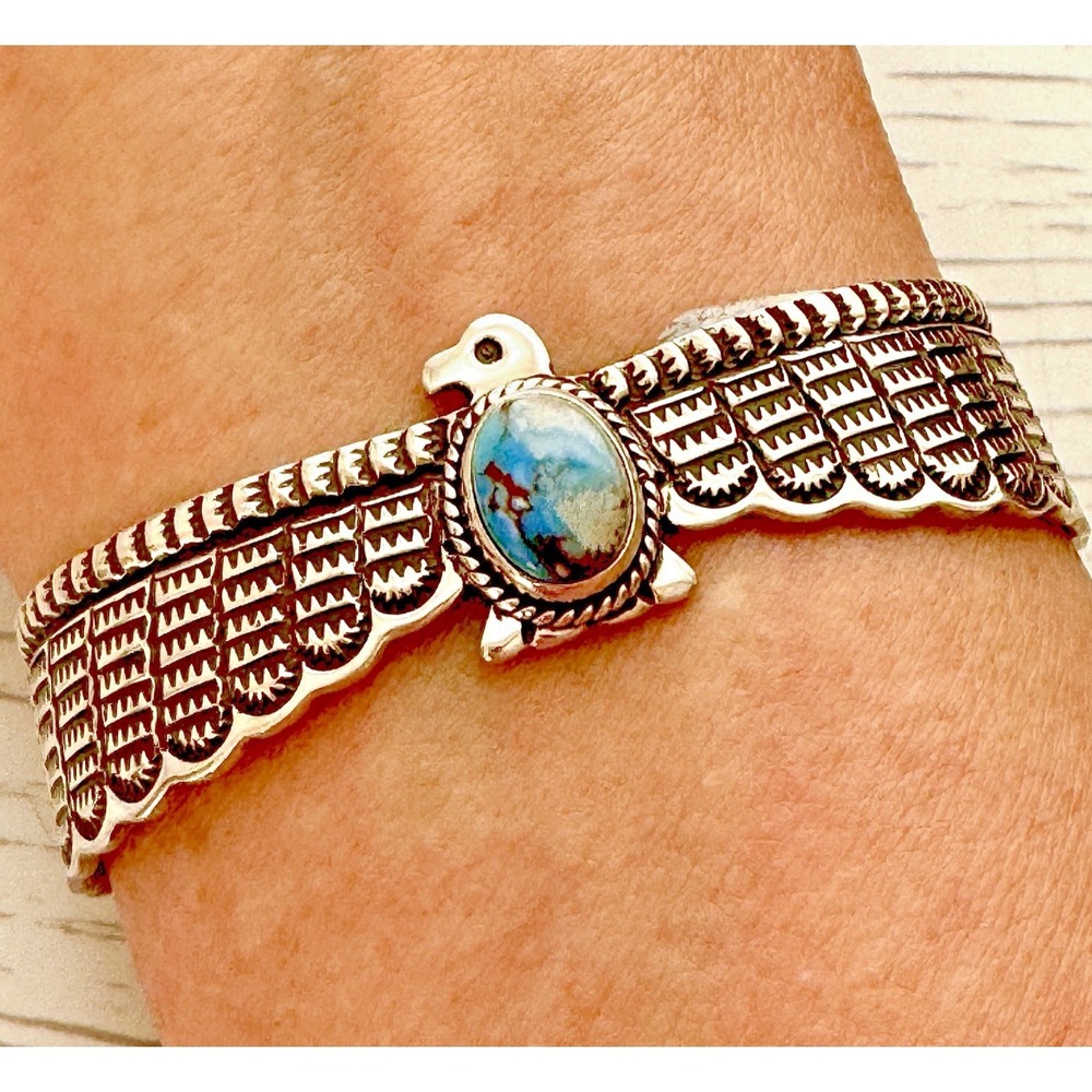 Navajo Thunderbird Cuff Bracelet Golden Hills Turquoise 6.5in D Cadman Sterling‎